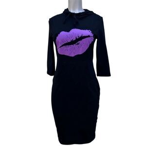 MISSKY Hoodie Midi Sweatshirt Dress Medium Black 3/4 Sleeve Lips Print Pullover